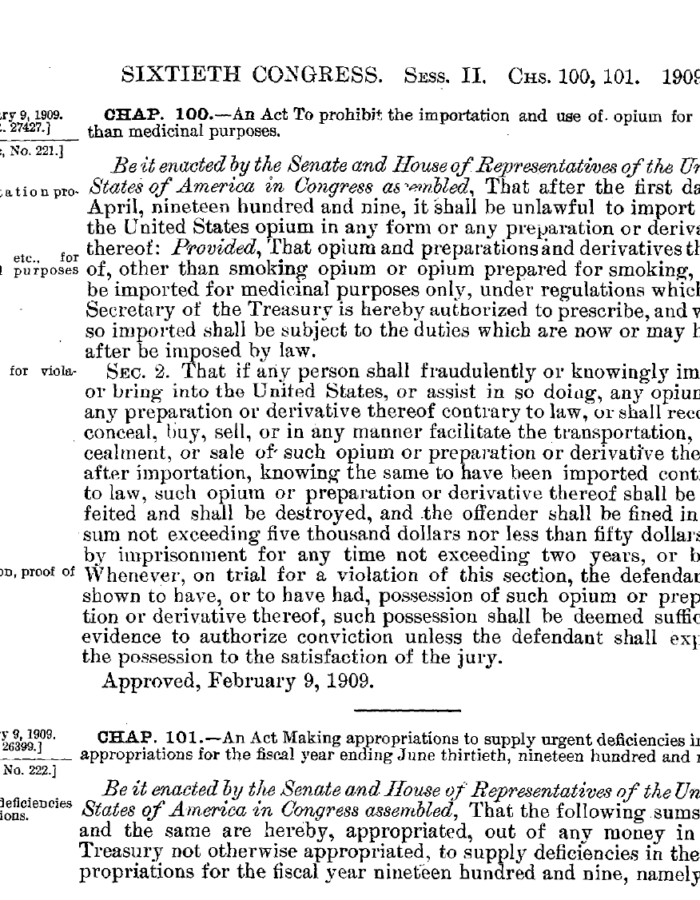 Text of the 1909 Smoking Opium Exclusion Act.