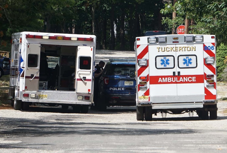 Two ambulances and a police car are parked in a driveway.